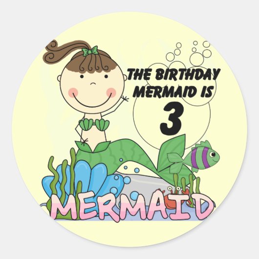 Mermaid 3. Geburtstag Tshirts und Geschenke Runder Aufkleber (Vorderseite)
