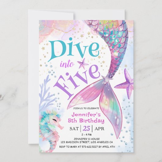 Mermaid 5. Geburtstag tauchen in fünf Einladung (Vorderseite)