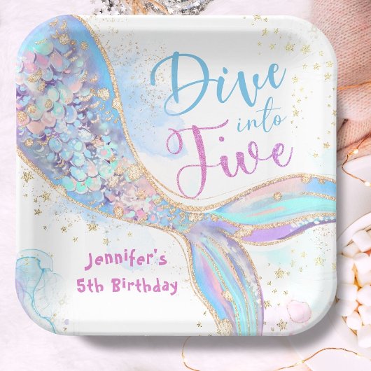 Mermaid 5. Geburtstag Tauchen in fünf Lila Pappteller
