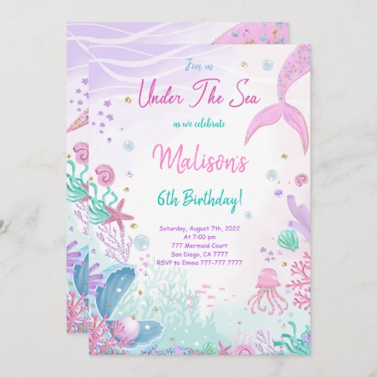 Mermaid 6. Geburtstag Einladung (Vorne/Hinten)