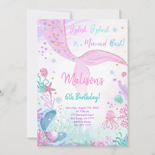 Mermaid 6. Geburtstag Kinder Einladung (Vorderseite)