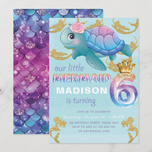 Mermaid 6. Geburtstag Pink Blue Gold Glitzer Einladung