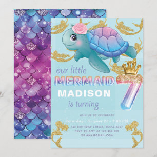 Mermaid 7. Geburtstag Pink Blue Gold Glitzer Einladung