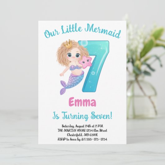 Mermaid 7. Geburtstagsparty Einladung (Stehend Vorderseite)