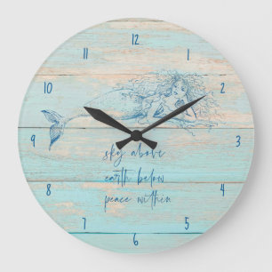 Mermaid Affirmation Rustic Beach Wood Coastal Große Wanduhr