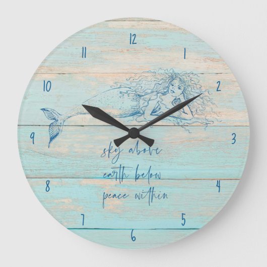 Mermaid Affirmation Rustic Beach Wood Coastal Große Wanduhr (Vorderseite)