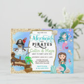 Mermaid and Pirate Birthday, Joint Birthday Einlad Einladung (Stehend Vorderseite)
