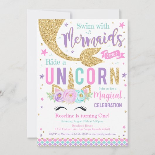 Mermaid and Unicorn Magical Birthday Einladung (Vorderseite)