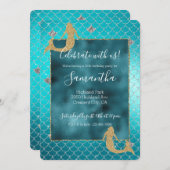 Mermaid Aqua Aquamarin Gold Silver Sparkone Glitze Einladung (Vorne/Hinten)
