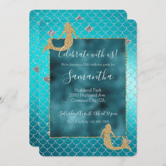 Mermaid Aqua Aquamarin Gold Silver Sparkone Glitze Einladung (Vorne/Hinten)