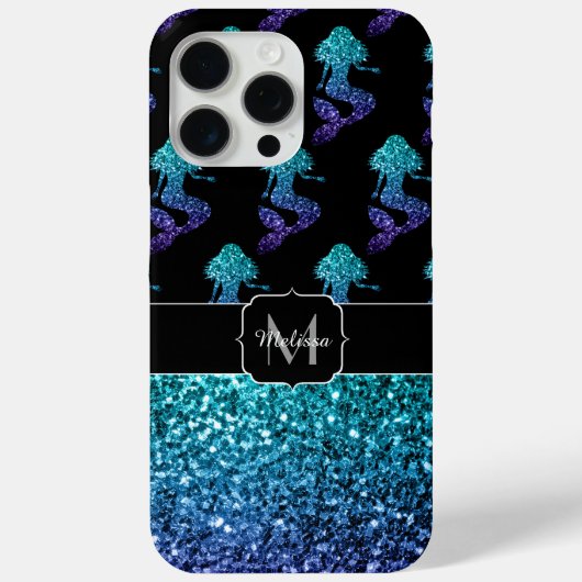 Mermaid aqua blue ombre Glitzern muster Monogram Case-Mate iPhone Hülle (Rückseite)