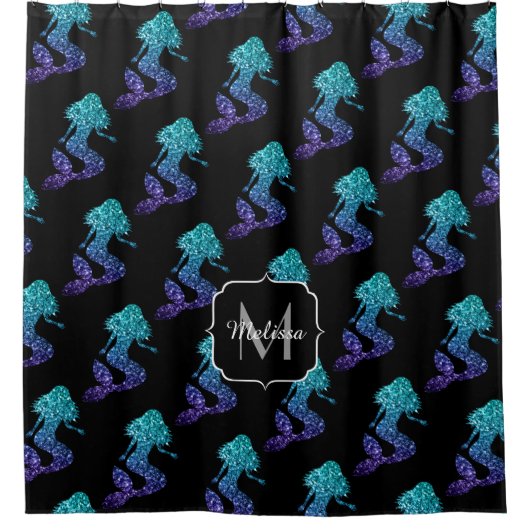 Mermaid aqua blue ombre Glitzern muster Monogram Duschvorhang (Vorderseite)