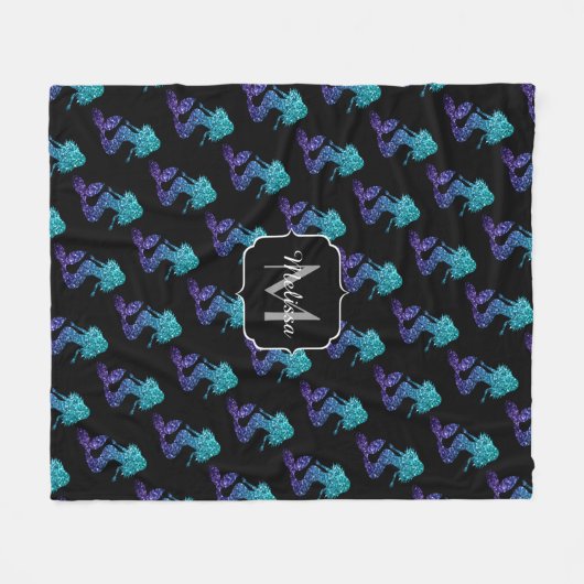 Mermaid aqua blue ombre Glitzern muster Monogram Fleecedecke (Vorderseite (Horizontal))