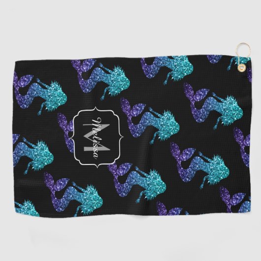 Mermaid aqua blue ombre Glitzern muster Monogram Golfhandtuch (Horizontal)