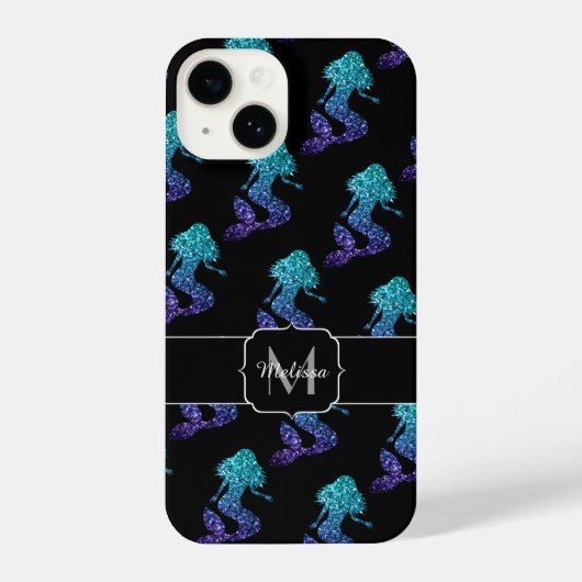 Mermaid aqua blue ombre Glitzern muster Monogram iPhone Hülle (Rückseite)