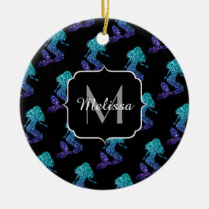 Mermaid aqua blue ombre Glitzern muster Monogram Keramik Ornament