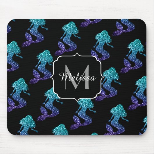 Mermaid aqua blue ombre Glitzern muster Monogram Mousepad (Vorne)
