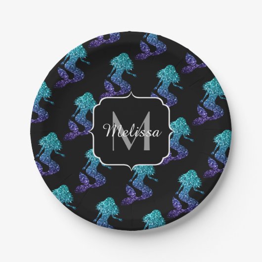 Mermaid aqua blue ombre Glitzern muster Monogram Pappteller (Vorderseite)