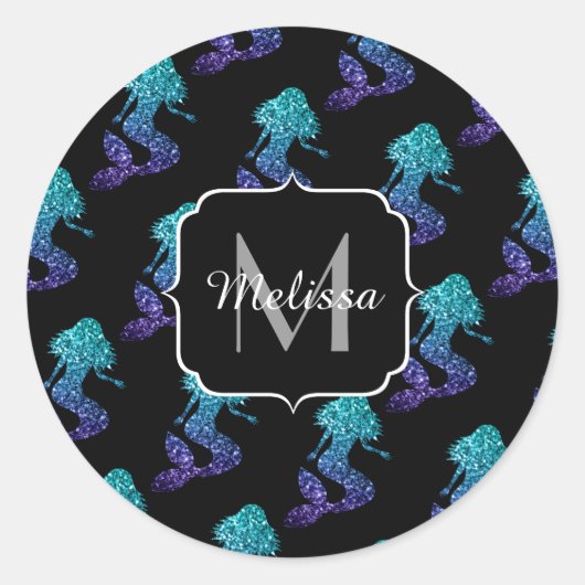 Mermaid aqua blue ombre Glitzern muster Monogram Runder Aufkleber (Vorderseite)