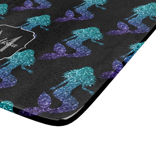 Mermaid aqua blue ombre Glitzern muster Monogram Schneidebrett (Ecke)