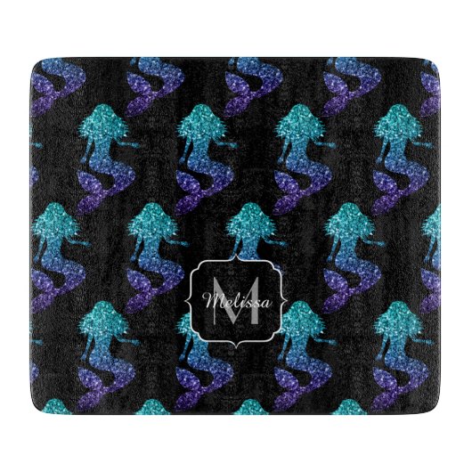 Mermaid aqua blue ombre Glitzern muster Monogram Schneidebrett (Vorderseite)