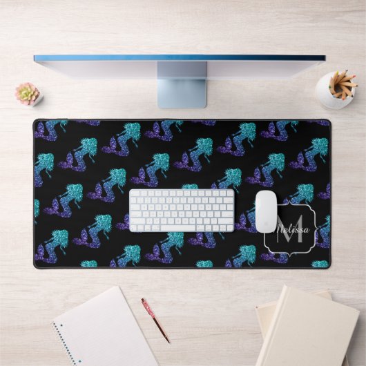 Mermaid aqua blue ombre Glitzern muster Monogram Schreibtischunterlage (Büro 1)