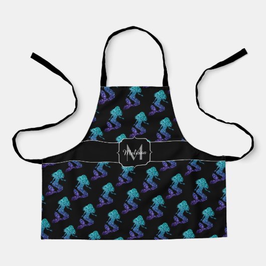 Mermaid aqua blue ombre Glitzern muster Monogram Schürze (Vorderseite)