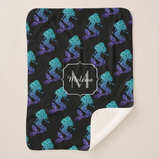 Mermaid aqua blue ombre Glitzern muster Monogram Sherpadecke (Vorderseite)