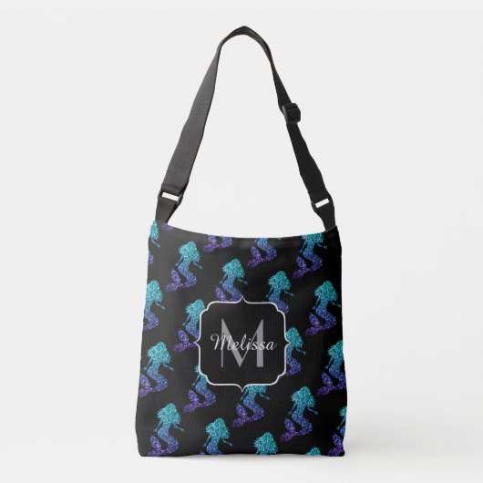 Mermaid aqua blue ombre Glitzern muster Monogram Tragetaschen Mit Langen Trägern (Vorderseite)