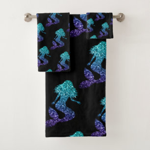 Mermaid aqua blue ombre Glitzern schwarz Badhandtuch Set
