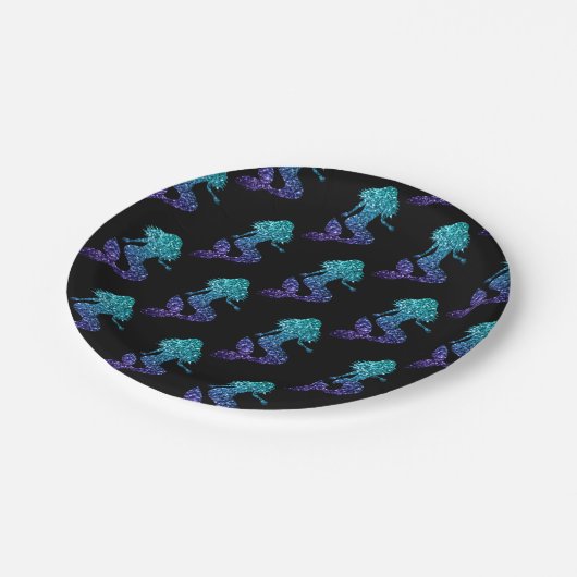 Mermaid aqua blue ombre Glitzern schwarz Pappteller (Schrägansicht)