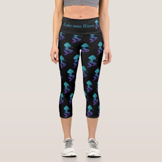 Mermaid aqua blue ombre Glitzern Waves Capri Leggings (Vorderseite)