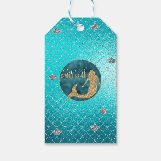 Mermaid Aqua Gold Silver Sparkle Glitzer Geschenkanhänger (Vorderseite)