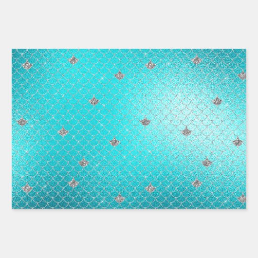 Mermaid Aqua Gold Silver Sparkle Glitzer Geschenkpapier Set (Vorderseite)