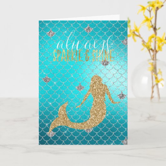 Mermaid Aqua Gold Silver Sparkle Glitzer Karte (Gelbe Blume)