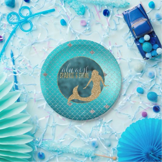 Mermaid Aqua Gold Silver Sparkle Glitzer Pappteller (Party)
