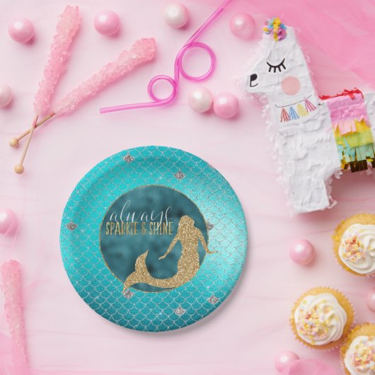 Mermaid Aqua Gold Silver Sparkle Glitzer Pappteller (Party)