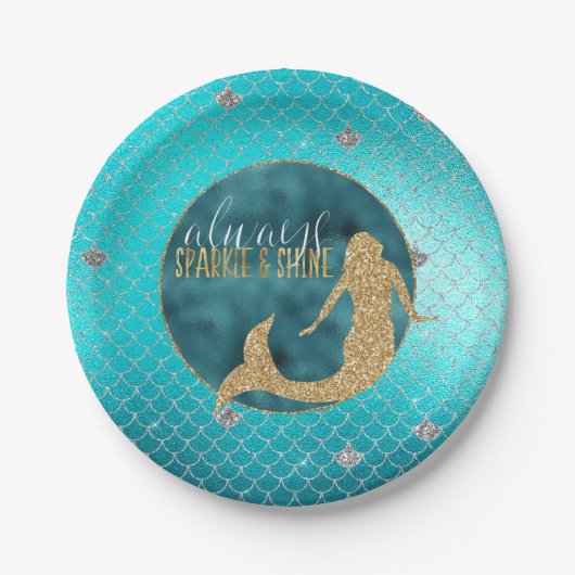 Mermaid Aqua Gold Silver Sparkle Glitzer Pappteller (Vorderseite)