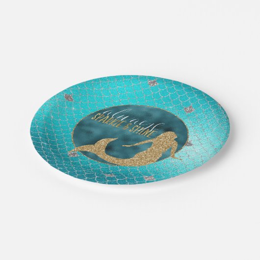 Mermaid Aqua Gold Silver Sparkle Glitzer Pappteller (Schrägansicht)