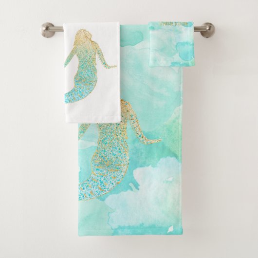 Mermaid Aqua Gold Sparkle Badhandtuch Set (Insitu)