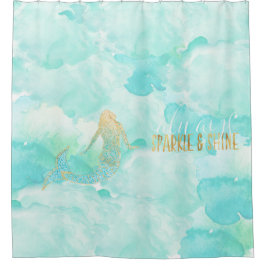 Mermaid Aqua Gold Sparkle Duschvorhang