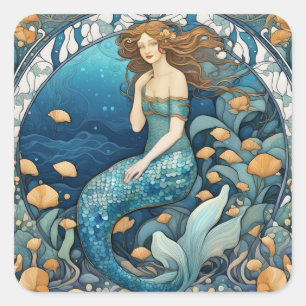 Mermaid Art Nouveau Aqua Ticino Quadratischer Aufkleber