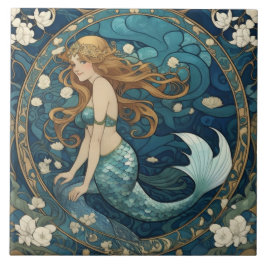 Mermaid Art Nouveau Art Deco Style Blau Fliese