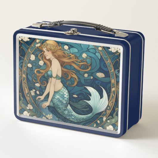 Mermaid Art Nouveau Art Deco Style Blau Metall Brotdose (Vorderseite)
