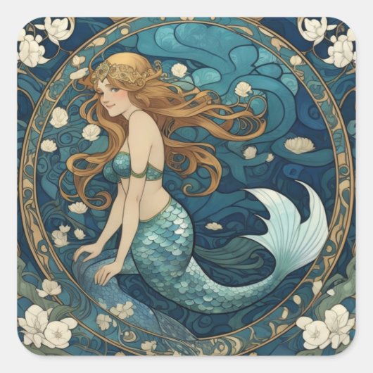 Mermaid Art Nouveau Art Deco Style Blau Quadratischer Aufkleber (Vorderseite)