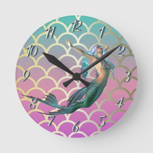 Mermaid auf Ombre Mermaid Schwanz Scales Runde Wanduhr (Vorderseite)