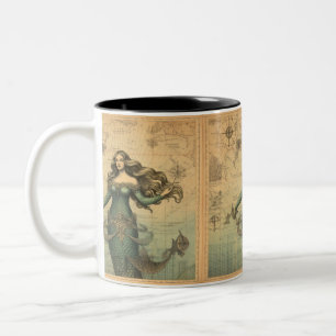 Mermaid auf Vintager Karte Zweifarbige Tasse
