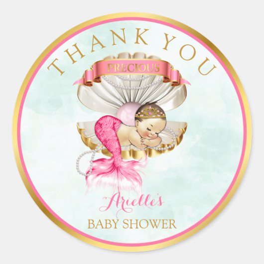 Mermaid Baby Clam Muschel Tiara Pearls Gold Pink Runder Aufkleber (Vorderseite)