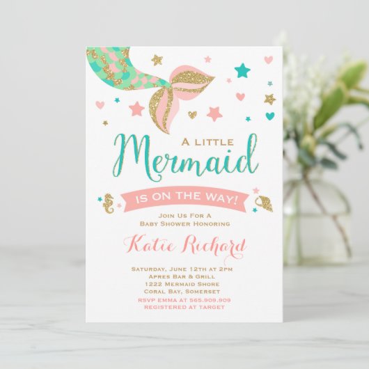 Mermaid Baby Dusche Einladung Aquamarin Coral Gold (Stehend Vorderseite)