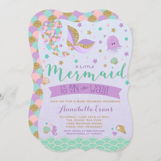 Mermaid Baby Dusche Einladung Aquamarin Lila Gold (Vorne/Hinten)